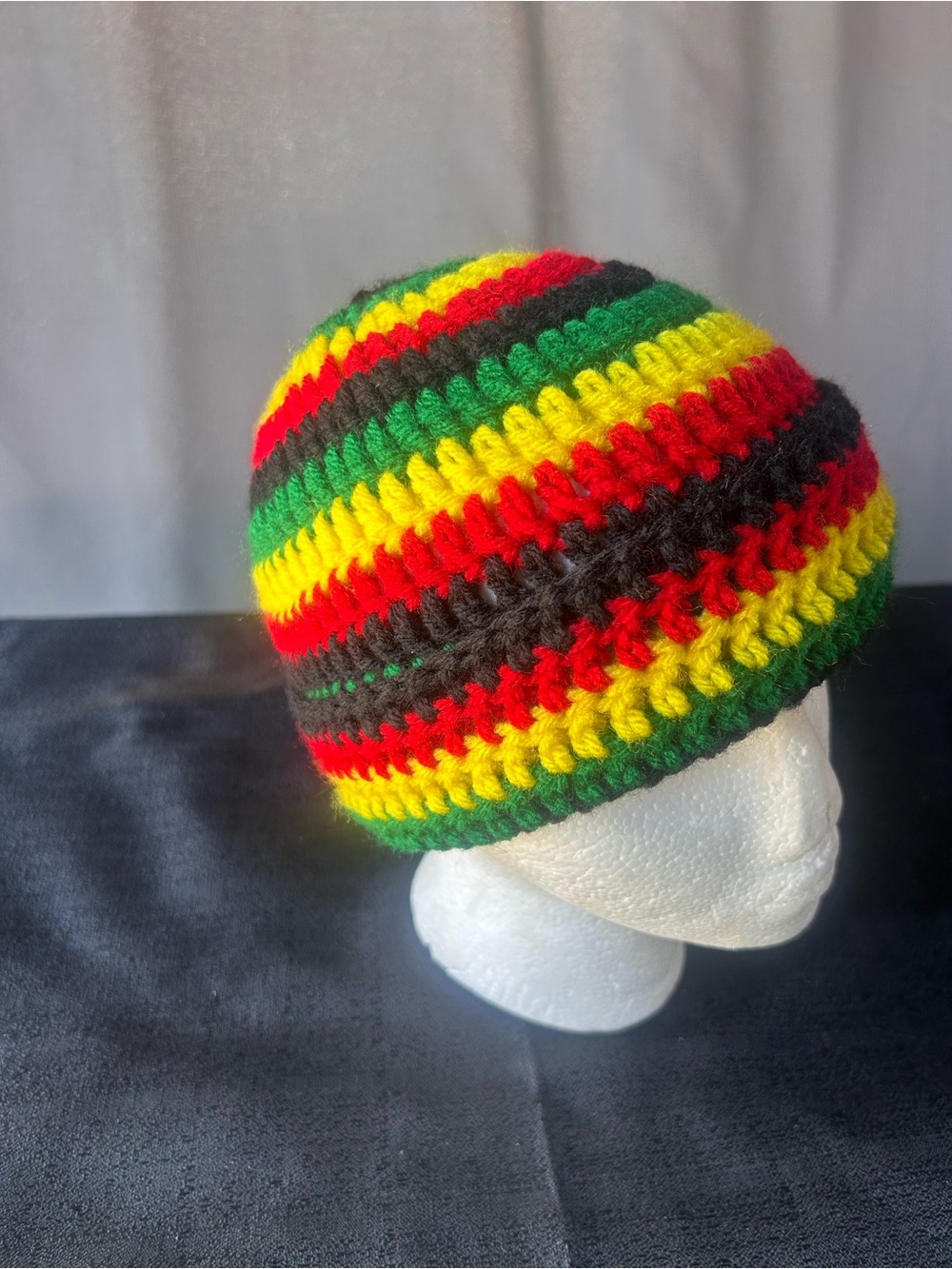 Handmade Striped Crochet Beanie in Red, Yellow, Green & Black
